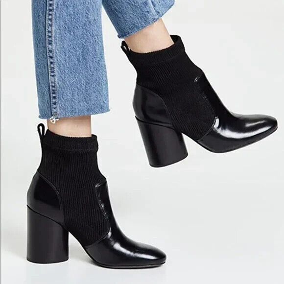 $495 TORY BURCH Leather Sock Boots Black Chunky Heel Pull On Women 9 /EU 40 NEW